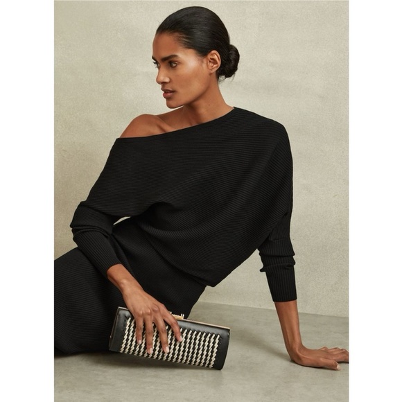 Reiss Black Lara Off-The-Shoulder Ribbed Midi Dress Knit Sweater - Picture 2 of 16